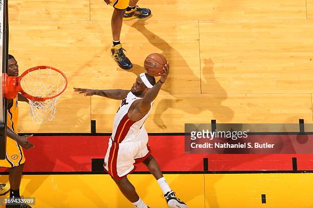LeBron James of the Miami Heat goes up for the dunk against the Indiana Pacers in Game One of the Eastern Conference Finals on May 22, 2013 at...