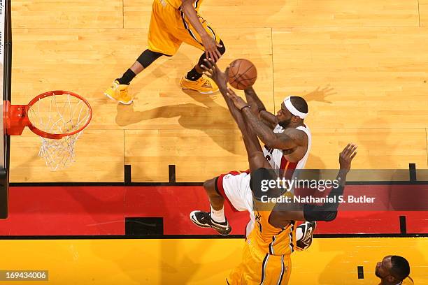 LeBron James of the Miami Heat goes to the rim for the score against the Indiana Pacers in Game One of the Eastern Conference Finals on May 22, 2013...