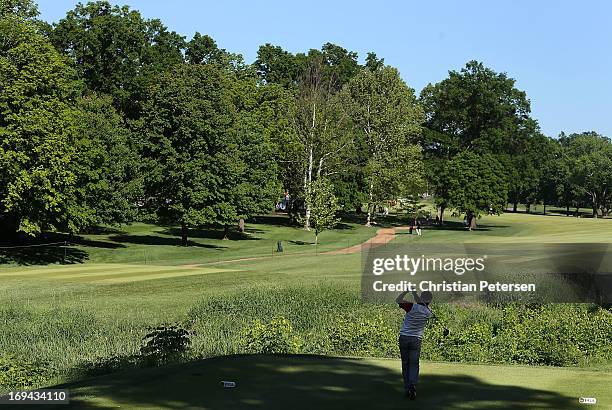 Joe Ozaki of Japan hits a tee shot on the eighth hole during Round Two of the Senior PGA Championship presented by KitchenAid at Bellerive Country...