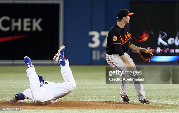 Edwin Encarnacion of the Toronto Blue Jays slides safely into second base for a double past J.J. Hardy of the Baltimore Orioles during MLB action at...