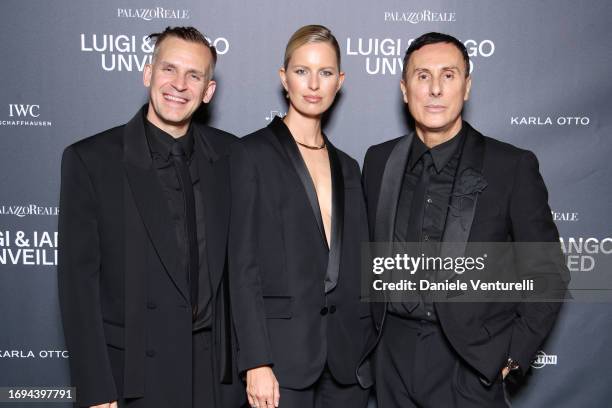 Iango Henzi, Karolína Kurková and Luigi Murenu attend the Luigi & Iango Unveiled Exhibition Opening at Palazzo Reale on September 21, 2023 in Milan,...