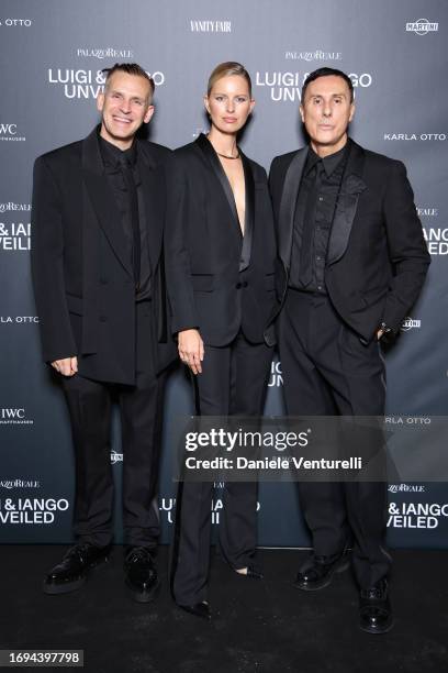 Iango Henzi, Karolína Kurková and Luigi Murenu attend the Luigi & Iango Unveiled Exhibition Opening at Palazzo Reale on September 21, 2023 in Milan,...