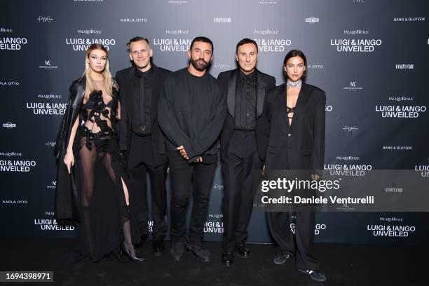 Stella Maxwell, Iango Henzi, Riccardo Tisci, Luigi Murenu and Irina Shayk attend the Luigi & Iango Unveiled Exhibition Opening at Palazzo Reale on...