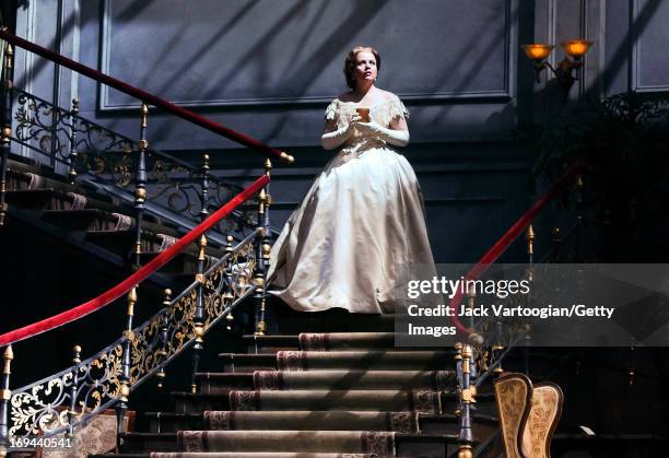 American soprano Renee Fleming performs during the final dress rehersal of the Metropolitan Opera/Otto Schenk season premiere production of...