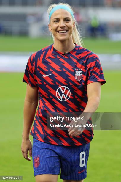 Julie Ertz of the United States on the field during warmups prior to playing South Africa at TQL Stadium on September 21, 2023 in Cincinnati, Ohio.