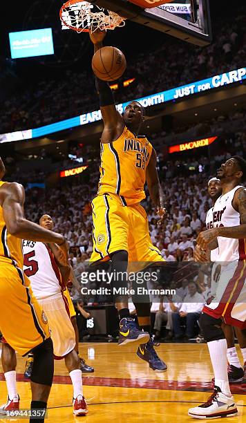 Roy Hibbert of the Indiana Pacers dunks the ball in the third quarter against the Miami Heat during Game Two of the Eastern Conference Finals at...