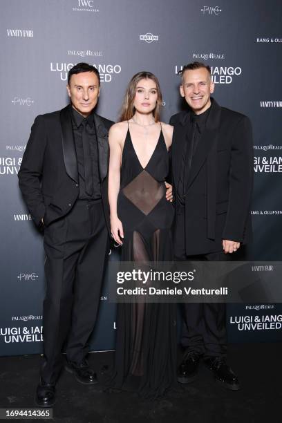 Luigi Murenu, Cambrie Schroder and Iango Henzi attend the Luigi & Iango Unveiled Exhibition Opening at Palazzo Reale on September 21, 2023 in Milan,...