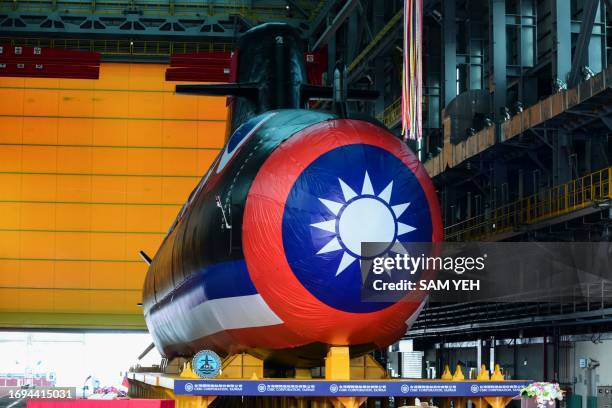 Taiwan's first locally built submarine "Narwhal" is seen before Taiwan's President Tsai Ing-wen unveils it at the CSBC Corporation shipbuilding...