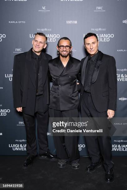 Iango Henzi, Simone Marchetti and Luigi Murenu attend the Luigi & Iango Unveiled Exhibition Opening at Palazzo Reale on September 21, 2023 in Milan,...