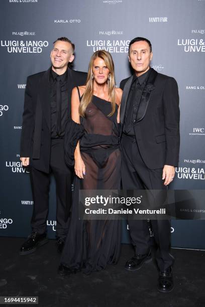 Iango Henzi, Anna Dello Russo and Luigi Murenu attend the Luigi & Iango Unveiled Exhibition Opening at Palazzo Reale on September 21, 2023 in Milan,...