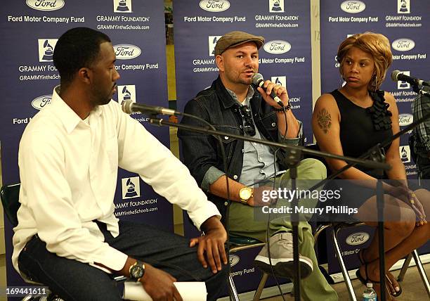 Joseph Langford of The Grammy Foundation, Mike Elizondo and Dolly Adams attend GRAMMY Camp - Basic Training at Dorsey High School on May 24, 2013 in...