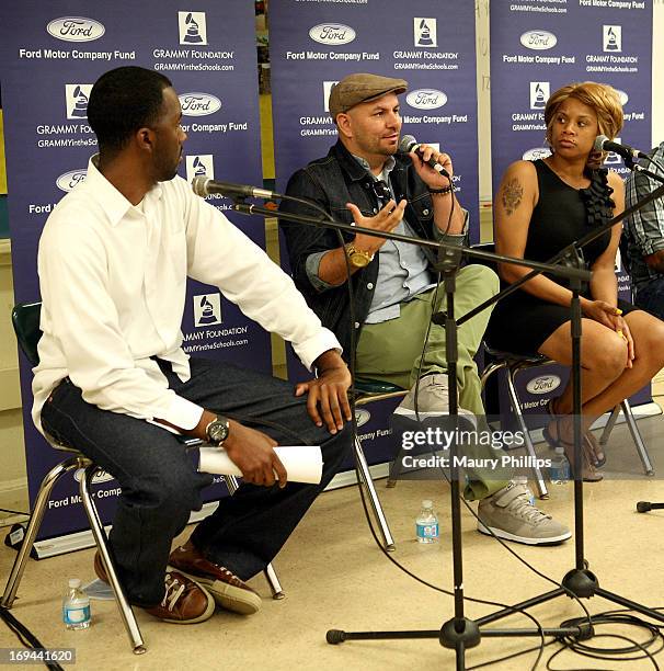 Joseph Langford of The Grammy Foundation, Mike Elizondo and Dolly Adams attend GRAMMY Camp - Basic Training at Dorsey High School on May 24, 2013 in...