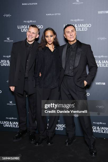 Iango Henzi, Selena Forrest and Luigi Murenu attend the Luigi & Iango Unveiled Exhibition Opening at Palazzo Reale on September 21, 2023 in Milan,...