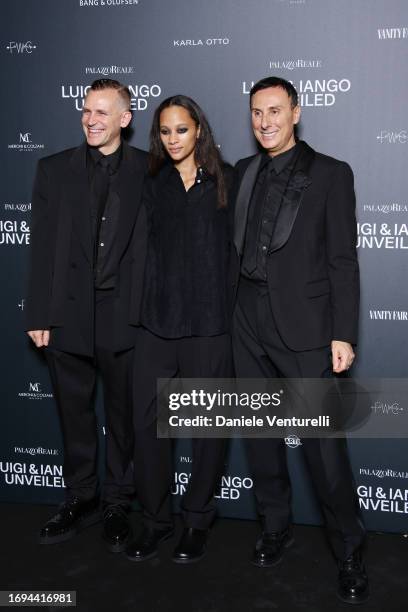 Iango Henzi, Selena Forrest and Luigi Murenu attend the Luigi & Iango Unveiled Exhibition Opening at Palazzo Reale on September 21, 2023 in Milan,...