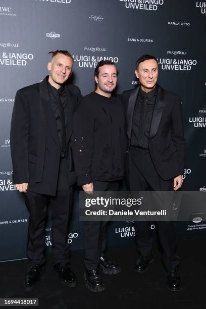 Iango Henzi, Manuel Arnaut and Luigi Murenu attend the Luigi & Iango Unveiled Exhibition Opening at Palazzo Reale on September 21, 2023 in Milan,...