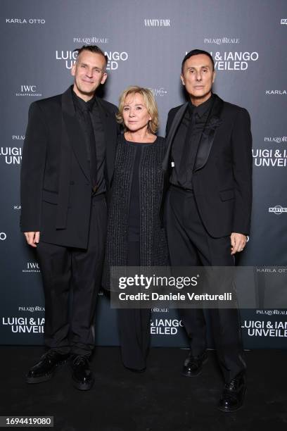 Iango Henzi, Alberta Ferretti and Luigi Murenu attend the Luigi & Iango Unveiled Exhibition Opening at Palazzo Reale on September 21, 2023 in Milan,...