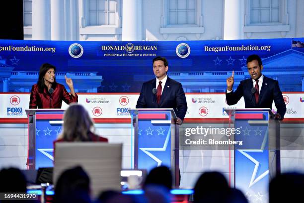 Nikki Haley, former ambassador to the United Nations and 2024 Republican presidential candidate, from left, Ron DeSantis, governor of Florida and...