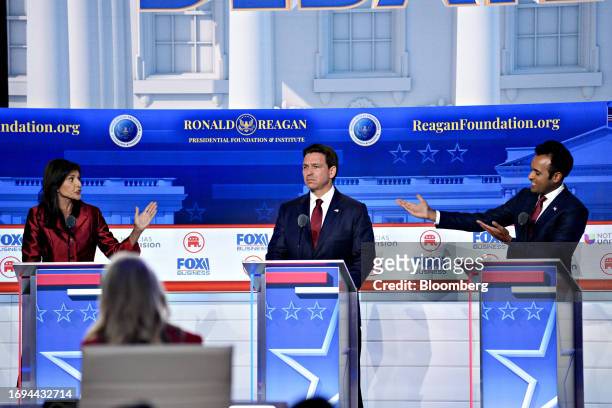 Nikki Haley, former ambassador to the United Nations and 2024 Republican presidential candidate, from left, Ron DeSantis, governor of Florida and...