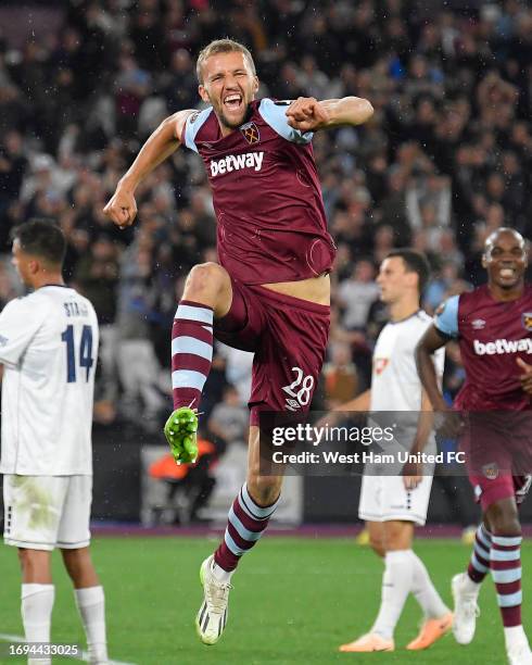 Tomas Soucek of West Ham United celebrates his goal during the match between West Ham United and FK TSC Backa Topola at London Stadium on September...