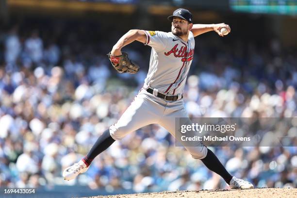 Brad Hand of the Atlanta Braves pitches during the game between the Atlanta Braves and the Los Angeles Dodgers at Dodger Stadium on Sunday, September...