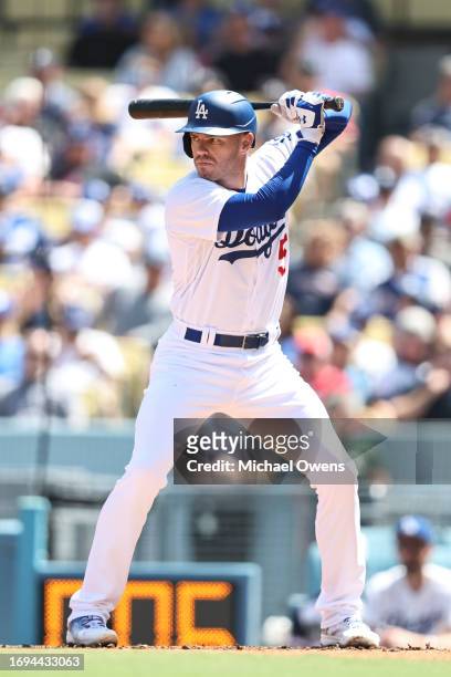 Freddie Freeman of the Los Angeles Dodgers bats during the game between the Atlanta Braves and the Los Angeles Dodgers at Dodger Stadium on Sunday,...