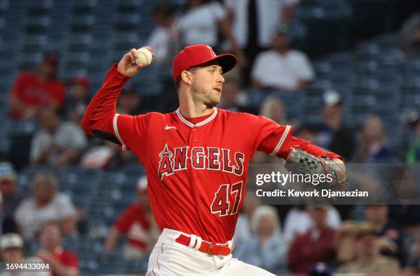 Starting pitcher Griffin Canning of the Los Angeles Angels pitches against the Texas Rangers during the first inning at Angel Stadium of Anaheim on...