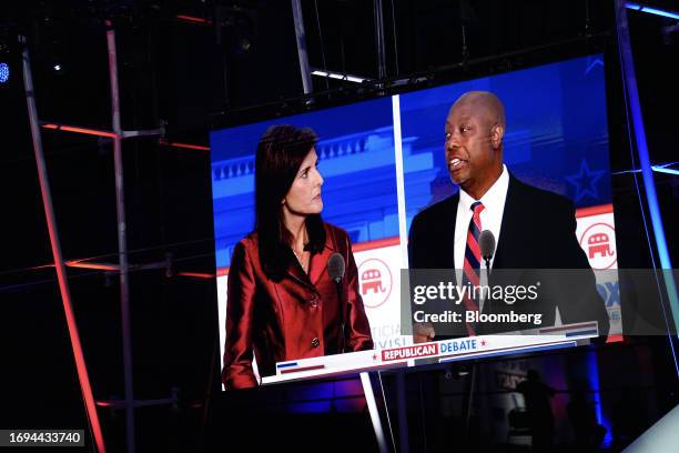 Nikki Haley, former ambassador to the United Nations and 2024 Republican presidential candidate, left, and Senator Tim Scott, a Republican from South...