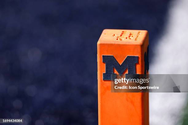 General view of Michigan Wolverines logo seen on end zone pylon during a college football game against the Rutgers Scarlet Knights on September 2023...