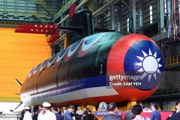 Taiwan's first locally built submarine "Narwhal" is seen during unveiling ceremony at the CSBC Corporation shipbuilding company in Kaohsiung on...