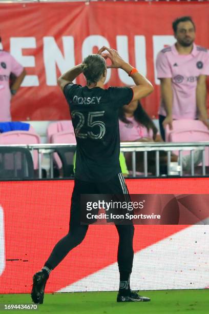 Houston forward Griffin Dorsey signals love after scoring a goal during the 2023 Lamar Hunt U.S. Open Final between the Houston Dynamo on September...