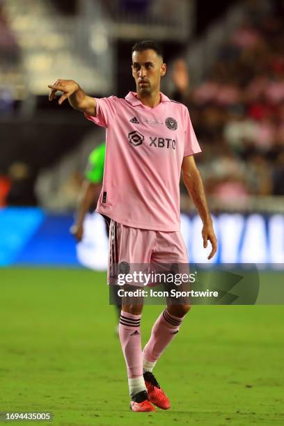 Inter Miami midfielder Sergio Busquets points towards the goalkeeper during the 2023 Lamar Hunt U.S. Open Final between the Houston Dynamo on...