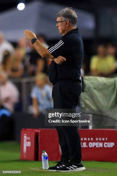 Inter Miami Head Coach Tata Martino watches the action on the field during the 2023 Lamar Hunt U.S. Open Final between the Houston Dynamo on...