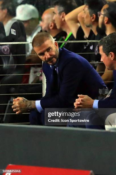 Inter Miami Co-Owner David Beckham reacts to the action on the field during the 2023 Lamar Hunt U.S. Open Final between the Houston Dynamo on...