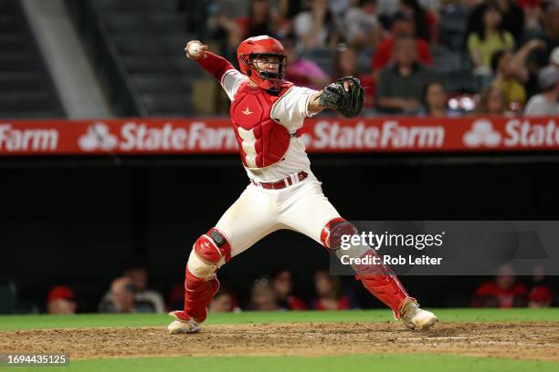 Logan O'Hoppe of the Los Angeles Angels catches during the game between the Cleveland Guardians and the Los Angeles Angels at Angel Stadium of...