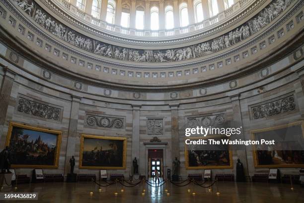 An empty Rotunda is seen in the US Capitol on September 27, 2023 in Washington, DC. A looming shutdown is just days away and far right Republican...