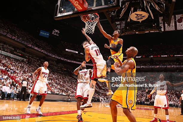 Paul George of the Indiana Pacers dunks against Chris Andersen of the Miami Heat in Game Two of the Eastern Conference Finals on May 24, 2013 at...
