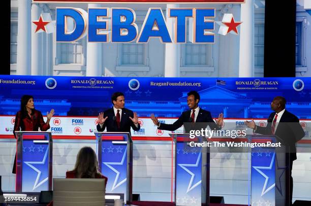 September 27: Former South Carolina governor Nikki Haley, Florida Gov. Ron DeSantis, Vivek Ramaswamy and Sen. Tim Scott speak during the second...