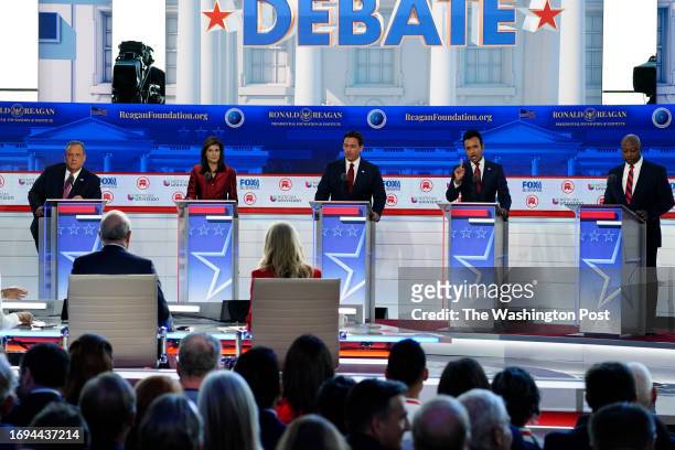 September 27: Vivek Ramaswamy, second right, speaks during the second Republican presidential primary debate hosted by Fox News at Ronald Reagan...