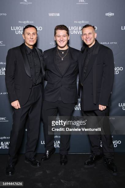 Luigi Murenu, a guest and Iango Henzi attend the Luigi & Iango Unveiled Exhibition Opening at Palazzo Reale on September 21, 2023 in Milan, Italy.