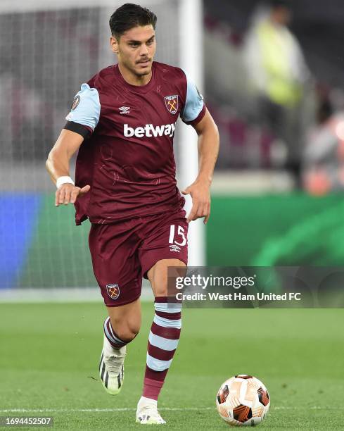 Konstantinos Mavropanos of West Ham United during the match between West Ham United and FK TSC Backa Topola at London Stadium on September 21, 2023...