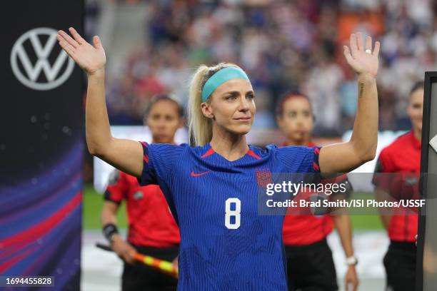 Julie Ertz of the United States is honored prior to playing South Africa at TQL Stadium on September 21, 2023 in Cincinnati, Ohio.