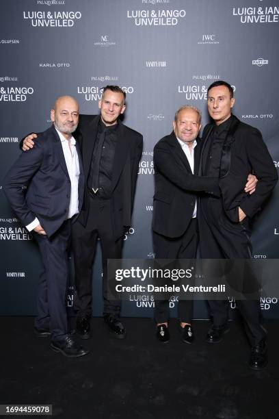 Iango Henzi, Ermanno Scervino and Luigi Murenu attend the Luigi & Iango Unveiled Exhibition Opening at Palazzo Reale on September 21, 2023 in Milan,...