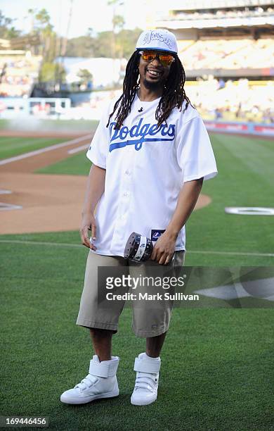 Rapper Lil Jon on the field before throwing out the ceremonial first pitch before the game between the St. Louis Cardinals and the Los Angeles...