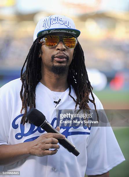Rapper Lil Jon on the field before reading the Dodger starting lineup for the game between the St. Louis Cardinals and the Los Angeles Dodgers at...