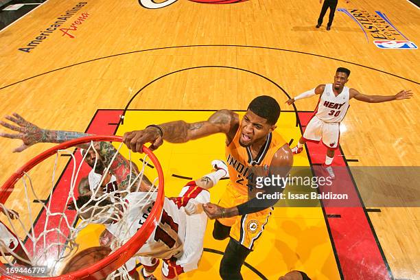 Paul George of the Indiana Pacers dunks against Chris Andersen of the Miami Heat in Game Two of the Eastern Conference Finals during the 2013 NBA...