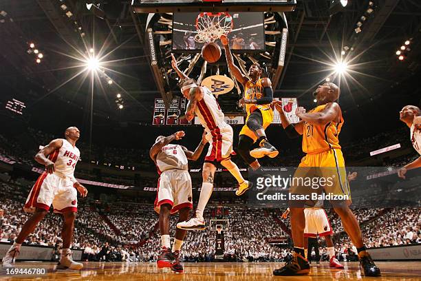 Paul George of the Indiana Pacers dunks against Chris Andersen of the Miami Heat in Game Two of the Eastern Conference Finals during the 2013 NBA...