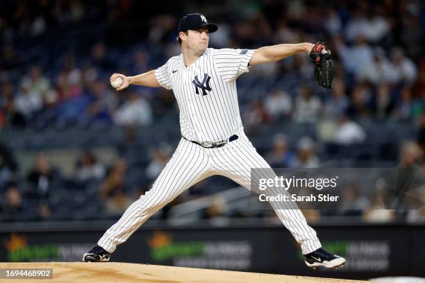 Gerrit Cole of the New York Yankees pitches during the first inning of the game against the Toronto Blue Jays at Yankee Stadium on September 21, 2023...