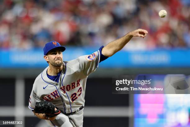 David Peterson of the New York Mets pitches during the first inning against the Philadelphia Phillies at Citizens Bank Park on September 21, 2023 in...