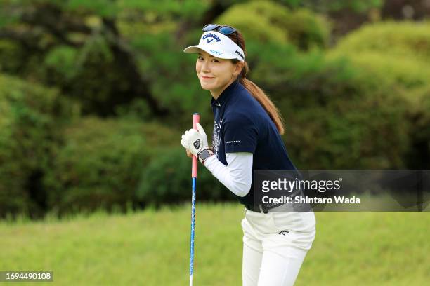 Hikari Fujita of Japan smileson the 10th tee during the second round of Chugoku Shimbun Chupea Ladies Cup at Geinan Country Club on September 22,...