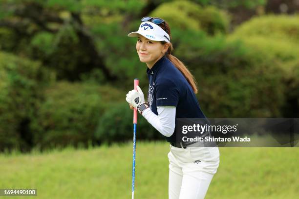 Hikari Fujita of Japan smileson the 10th tee during the second round of Chugoku Shimbun Chupea Ladies Cup at Geinan Country Club on September 22,...